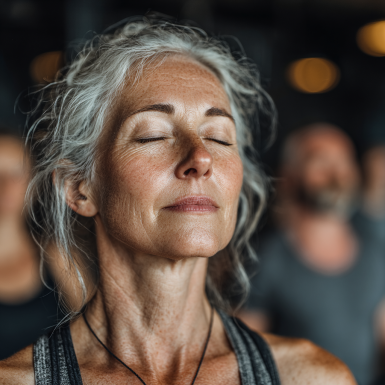 Група літніх людей практикує йогу в затишному залі